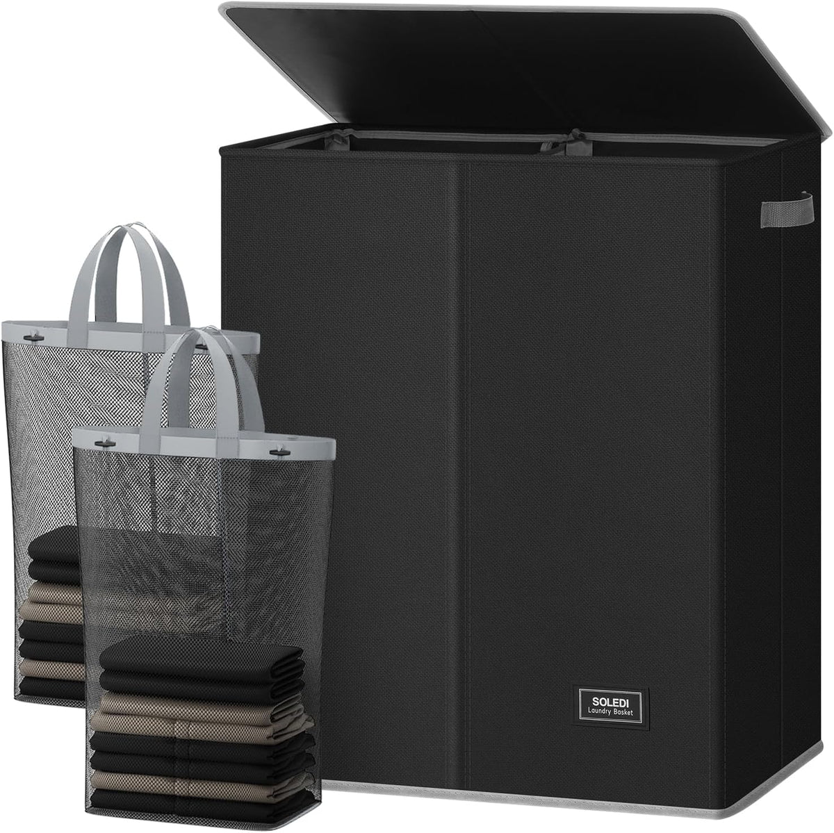 Luxury Double Laundry Hamper with Lid and Removable Bags, 38.3 Gal Large Laundry Bin, Laundry Basket 2 Sections, Collapsible Clothes Hamper for Bedroom, Laundry Room, Bathroom, Off-white