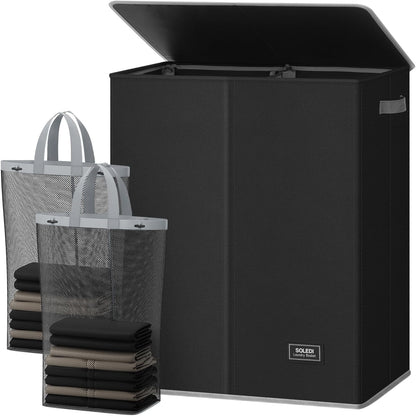 Luxury Double Laundry Hamper with Lid and Removable Bags, 38.3 Gal Large Laundry Bin, Laundry Basket 2 Sections, Collapsible Clothes Hamper for Bedroom, Laundry Room, Bathroom, Off-white