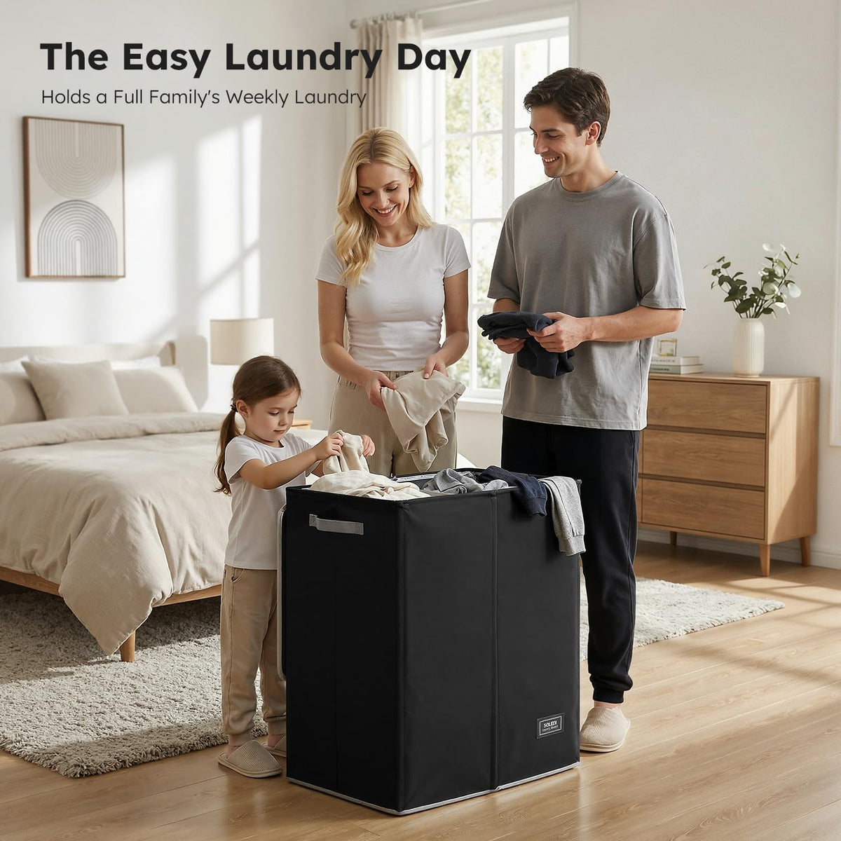 Luxury Double Laundry Hamper with Lid and Removable Bags, 38.3 Gal Large Laundry Bin, Laundry Basket 2 Sections, Collapsible Clothes Hamper for Bedroom, Laundry Room, Bathroom, Off-white