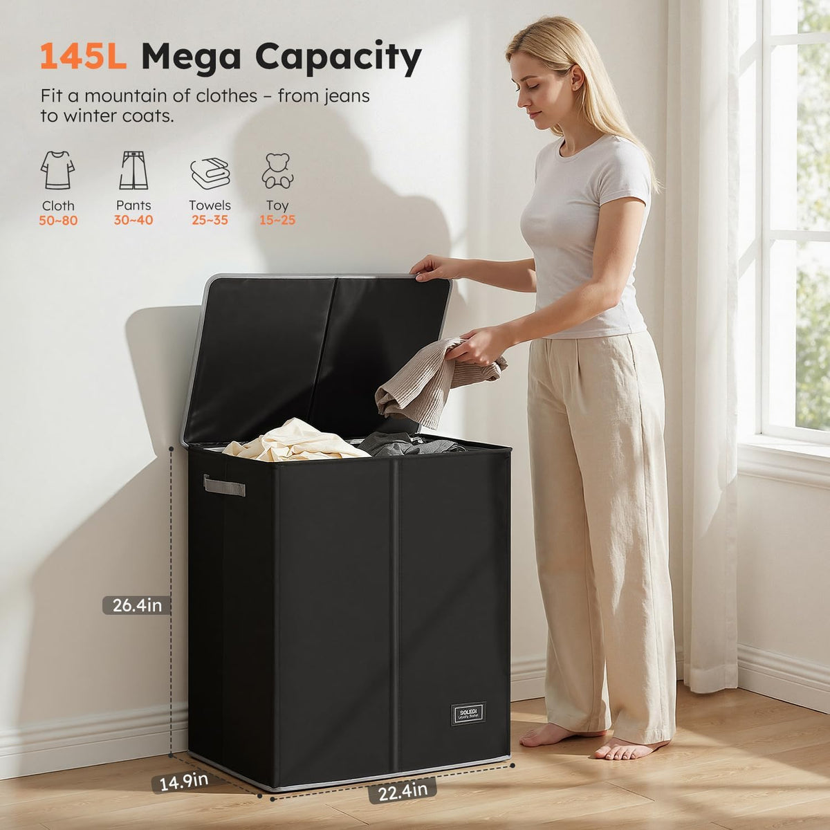 Luxury Double Laundry Hamper with Lid and Removable Bags, 38.3 Gal Large Laundry Bin, Laundry Basket 2 Sections, Collapsible Clothes Hamper for Bedroom, Laundry Room, Bathroom, Off-white