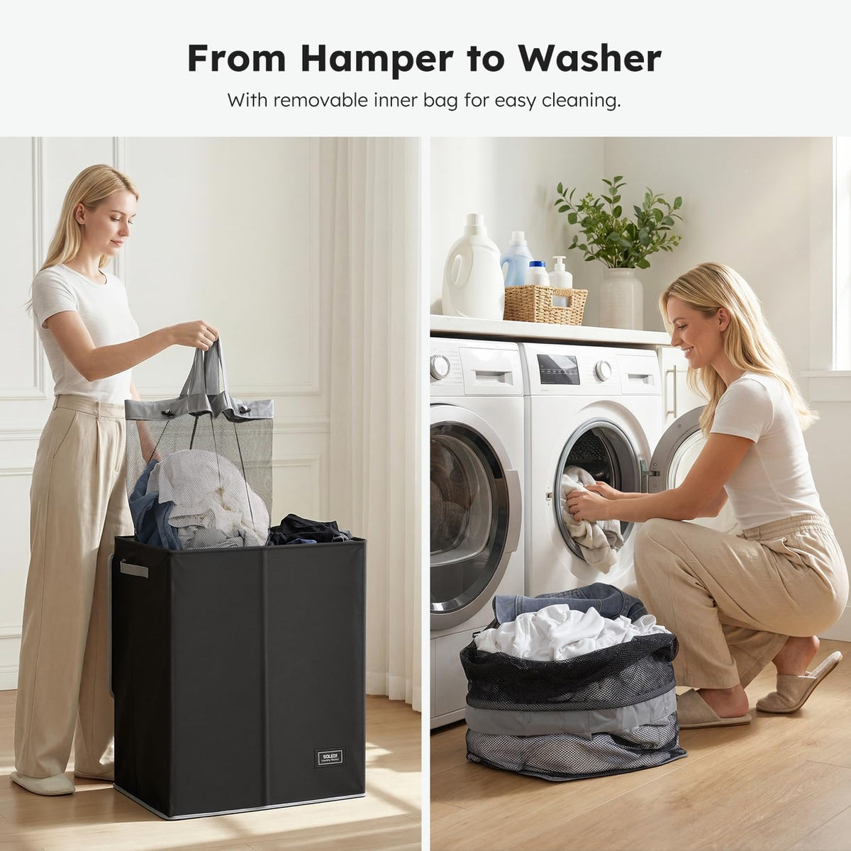 Luxury Double Laundry Hamper with Lid and Removable Bags, 38.3 Gal Large Laundry Bin, Laundry Basket 2 Sections, Collapsible Clothes Hamper for Bedroom, Laundry Room, Bathroom, Off-white