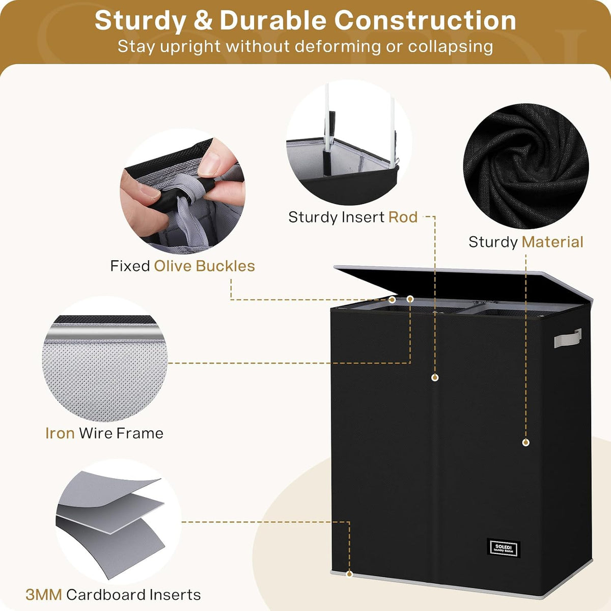 Luxury Double Laundry Hamper with Lid and Removable Bags, 38.3 Gal Large Laundry Bin, Laundry Basket 2 Sections, Collapsible Clothes Hamper for Bedroom, Laundry Room, Bathroom, Off-white