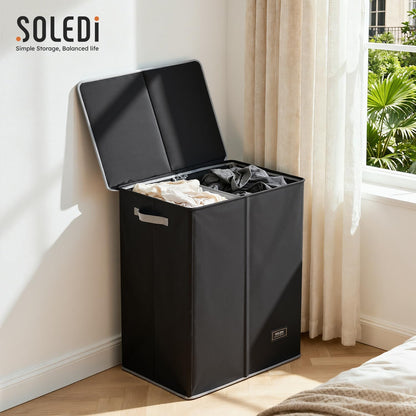 Luxury Double Laundry Hamper with Lid and Removable Bags, 38.3 Gal Large Laundry Bin, Laundry Basket 2 Sections, Collapsible Clothes Hamper for Bedroom, Laundry Room, Bathroom, Off-white