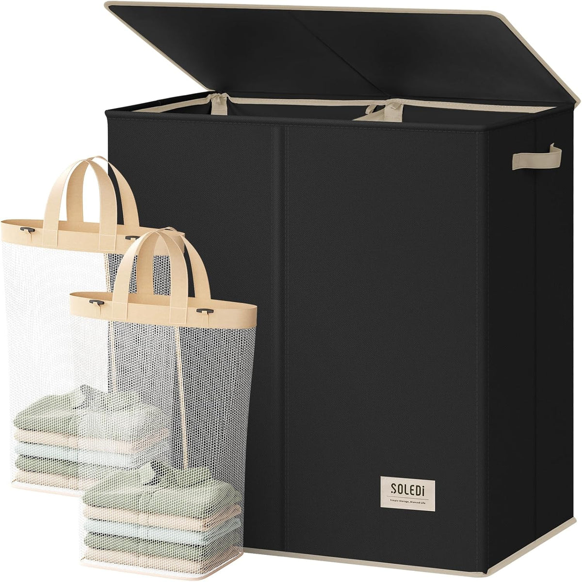 Luxury Double Laundry Hamper with Lid and Removable Bags, 38.3 Gal Large Laundry Bin, Laundry Basket 2 Sections, Collapsible Clothes Hamper for Bedroom, Laundry Room, Bathroom, Off-white