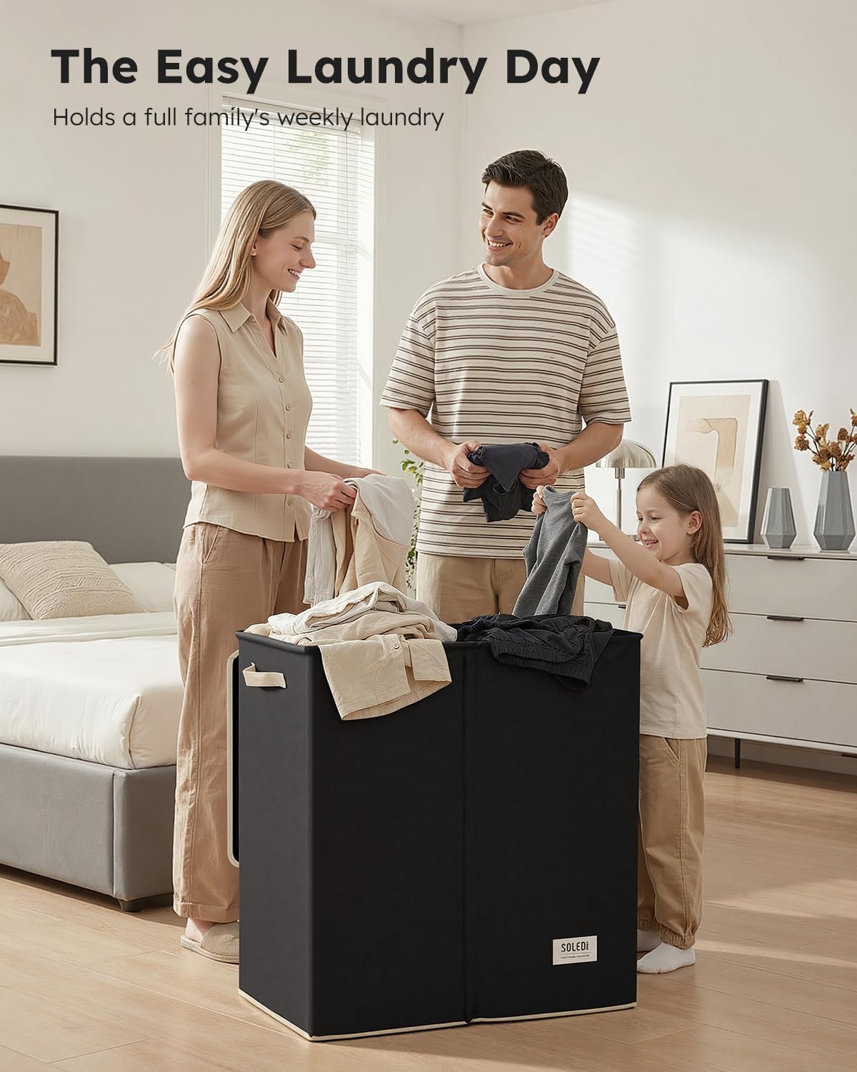 Luxury Double Laundry Hamper with Lid and Removable Bags, 38.3 Gal Large Laundry Bin, Laundry Basket 2 Sections, Collapsible Clothes Hamper for Bedroom, Laundry Room, Bathroom, Off-white