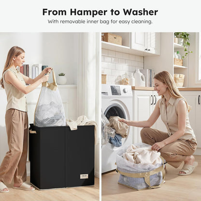Luxury Double Laundry Hamper with Lid and Removable Bags, 38.3 Gal Large Laundry Bin, Laundry Basket 2 Sections, Collapsible Clothes Hamper for Bedroom, Laundry Room, Bathroom, Off-white