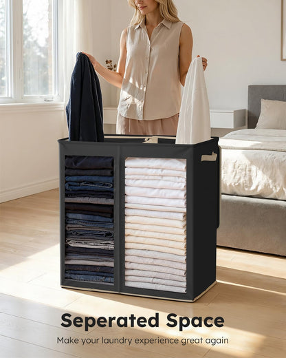Luxury Double Laundry Hamper with Lid and Removable Bags, 38.3 Gal Large Laundry Bin, Laundry Basket 2 Sections, Collapsible Clothes Hamper for Bedroom, Laundry Room, Bathroom, Off-white