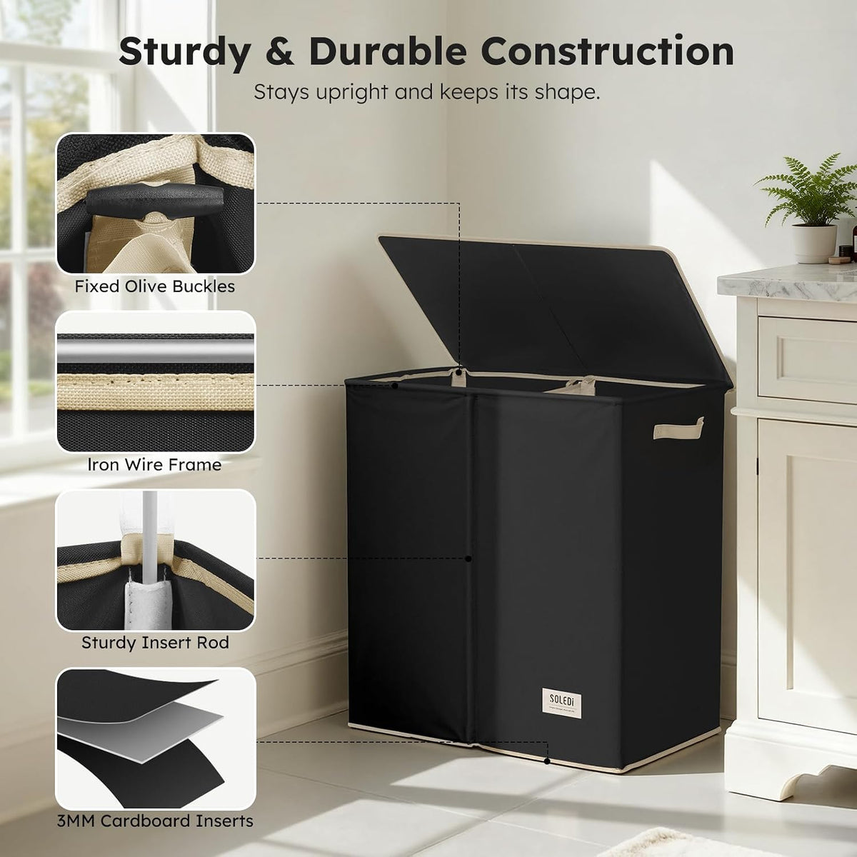 Luxury Double Laundry Hamper with Lid and Removable Bags, 38.3 Gal Large Laundry Bin, Laundry Basket 2 Sections, Collapsible Clothes Hamper for Bedroom, Laundry Room, Bathroom, Off-white