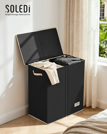 Luxury Double Laundry Hamper with Lid and Removable Bags, 38.3 Gal Large Laundry Bin, Laundry Basket 2 Sections, Collapsible Clothes Hamper for Bedroom, Laundry Room, Bathroom, Off-white
