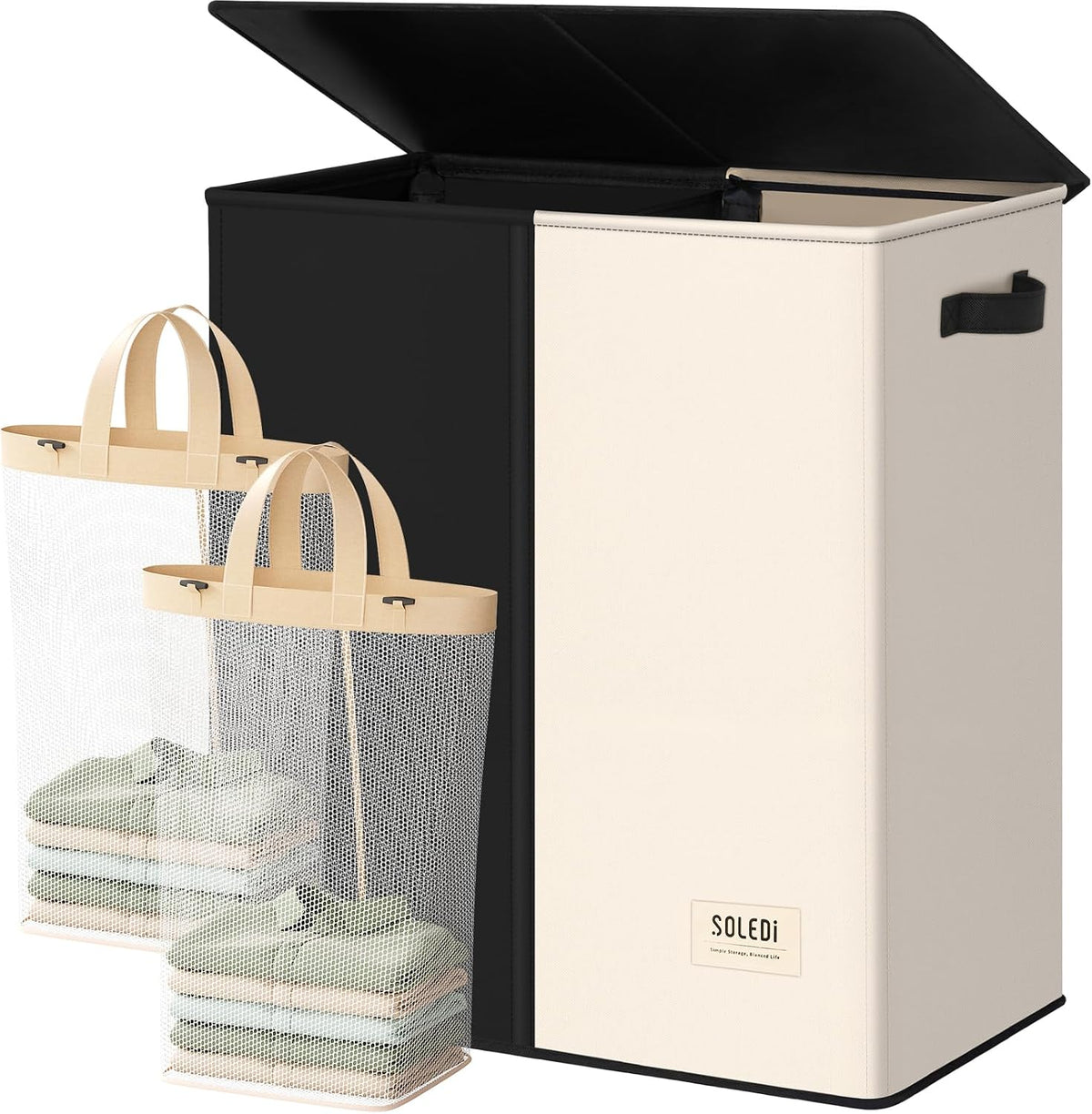 Luxury Double Laundry Hamper with Lid and Removable Bags, 38.3 Gal Large Laundry Bin, Laundry Basket 2 Sections, Collapsible Clothes Hamper for Bedroom, Laundry Room, Bathroom, Off-white