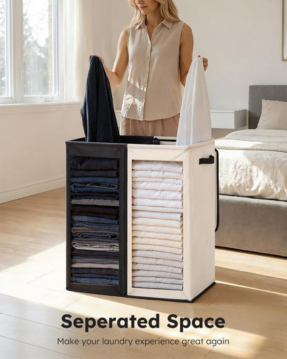 Luxury Double Laundry Hamper with Lid and Removable Bags, 38.3 Gal Large Laundry Bin, Laundry Basket 2 Sections, Collapsible Clothes Hamper for Bedroom, Laundry Room, Bathroom, Off-white