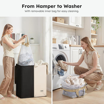 Luxury Double Laundry Hamper with Lid and Removable Bags, 38.3 Gal Large Laundry Bin, Laundry Basket 2 Sections, Collapsible Clothes Hamper for Bedroom, Laundry Room, Bathroom, Off-white