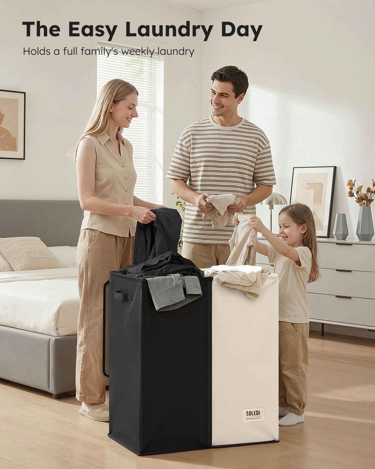 Luxury Double Laundry Hamper with Lid and Removable Bags, 38.3 Gal Large Laundry Bin, Laundry Basket 2 Sections, Collapsible Clothes Hamper for Bedroom, Laundry Room, Bathroom, Off-white