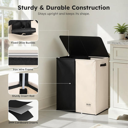 Luxury Double Laundry Hamper with Lid and Removable Bags, 38.3 Gal Large Laundry Bin, Laundry Basket 2 Sections, Collapsible Clothes Hamper for Bedroom, Laundry Room, Bathroom, Off-white