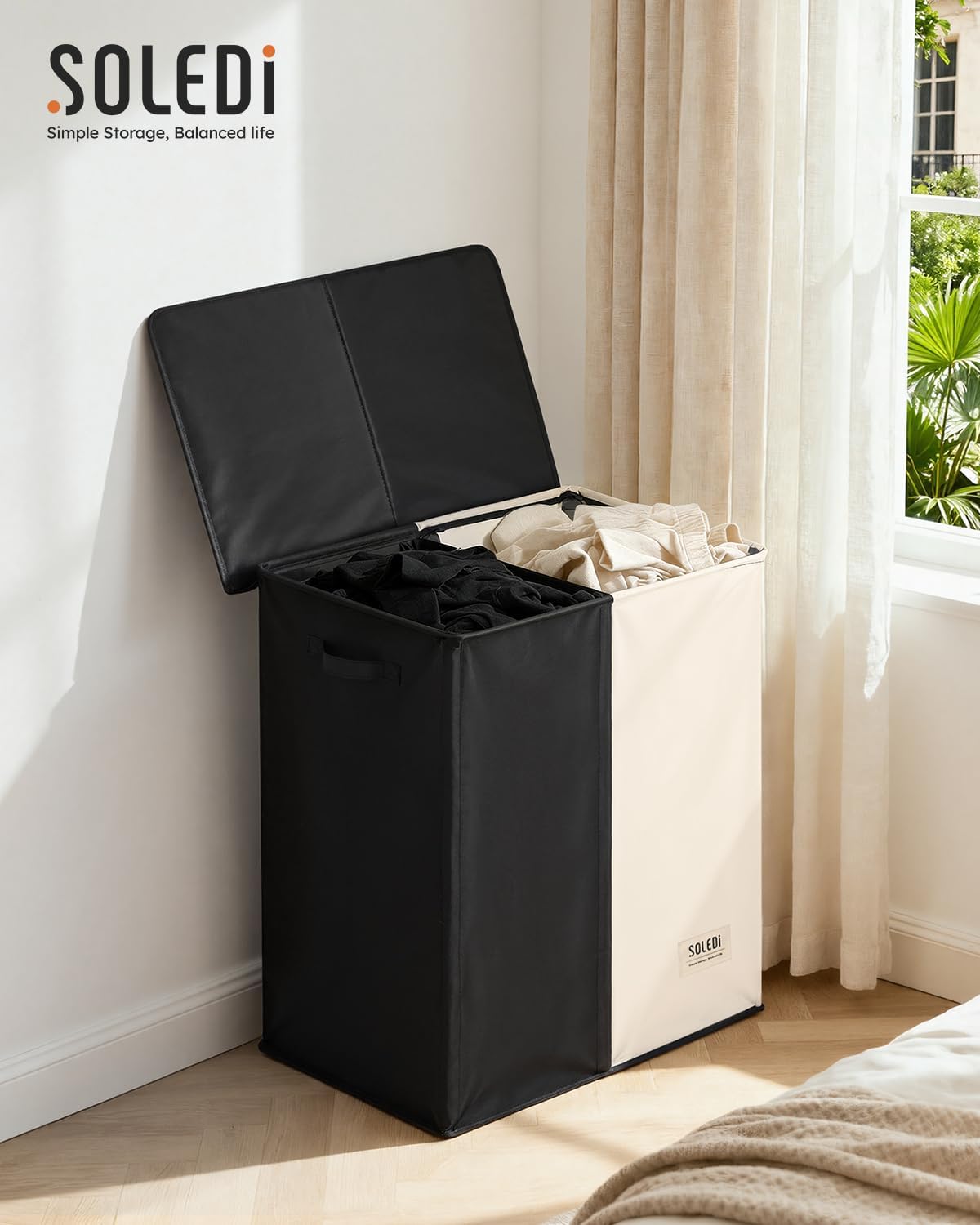 Luxury Double Laundry Hamper with Lid and Removable Bags, 38.3 Gal Large Laundry Bin, Laundry Basket 2 Sections, Collapsible Clothes Hamper for Bedroom, Laundry Room, Bathroom, Off-white