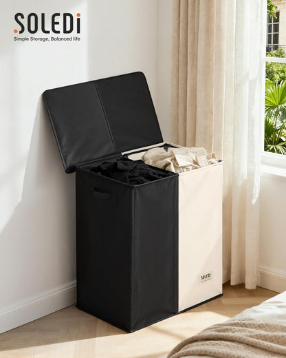Luxury Double Laundry Hamper with Lid and Removable Bags, 38.3 Gal Large Laundry Bin, Laundry Basket 2 Sections, Collapsible Clothes Hamper for Bedroom, Laundry Room, Bathroom, Off-white