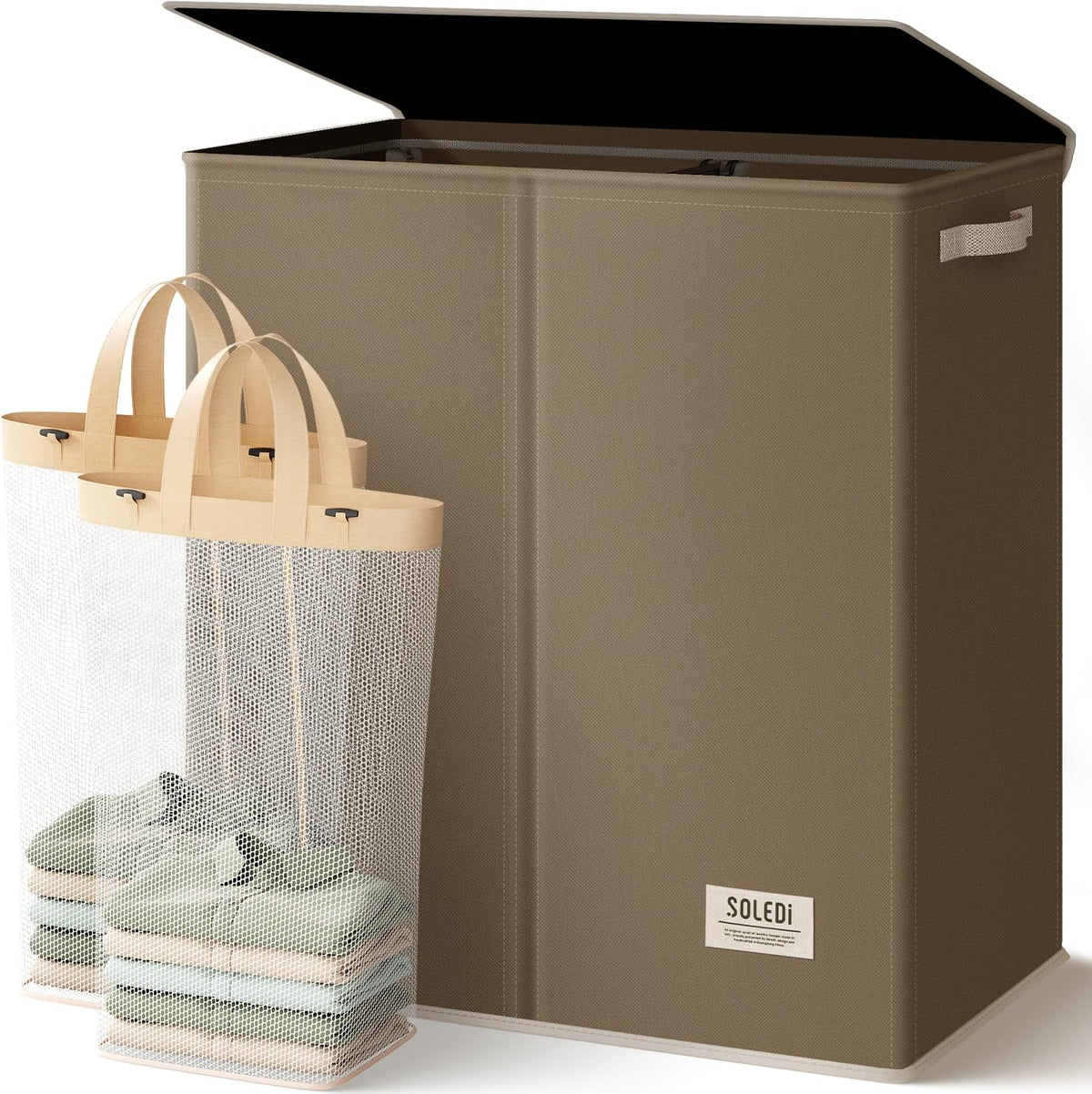 Luxury Double Laundry Hamper with Lid and Removable Bags, 38.3 Gal Large Laundry Bin, Laundry Basket 2 Sections, Collapsible Clothes Hamper for Bedroom, Laundry Room, Bathroom, Off-white