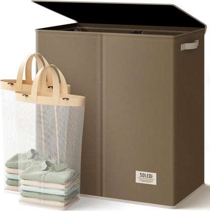 Luxury Double Laundry Hamper with Lid and Removable Bags, 38.3 Gal Large Laundry Bin, Laundry Basket 2 Sections, Collapsible Clothes Hamper for Bedroom, Laundry Room, Bathroom, Off-white