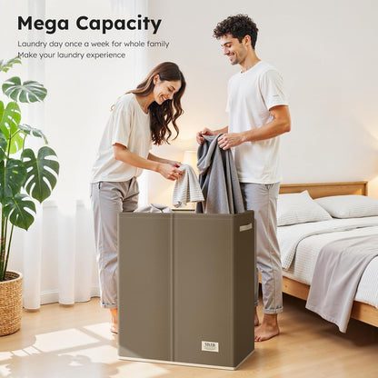 Luxury Double Laundry Hamper with Lid and Removable Bags, 38.3 Gal Large Laundry Bin, Laundry Basket 2 Sections, Collapsible Clothes Hamper for Bedroom, Laundry Room, Bathroom, Off-white