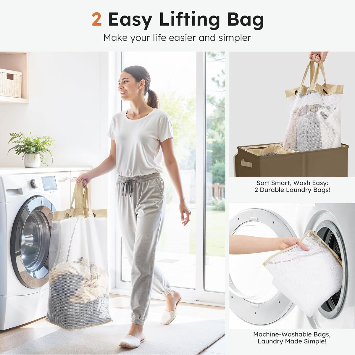 Luxury Double Laundry Hamper with Lid and Removable Bags, 38.3 Gal Large Laundry Bin, Laundry Basket 2 Sections, Collapsible Clothes Hamper for Bedroom, Laundry Room, Bathroom, Off-white