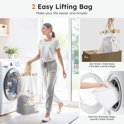 Luxury Double Laundry Hamper with Lid and Removable Bags, 38.3 Gal Large Laundry Bin, Laundry Basket 2 Sections, Collapsible Clothes Hamper for Bedroom, Laundry Room, Bathroom, Off-white