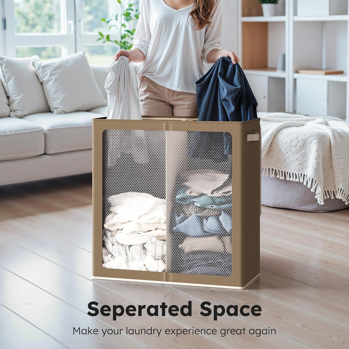 Luxury Double Laundry Hamper with Lid and Removable Bags, 38.3 Gal Large Laundry Bin, Laundry Basket 2 Sections, Collapsible Clothes Hamper for Bedroom, Laundry Room, Bathroom, Off-white