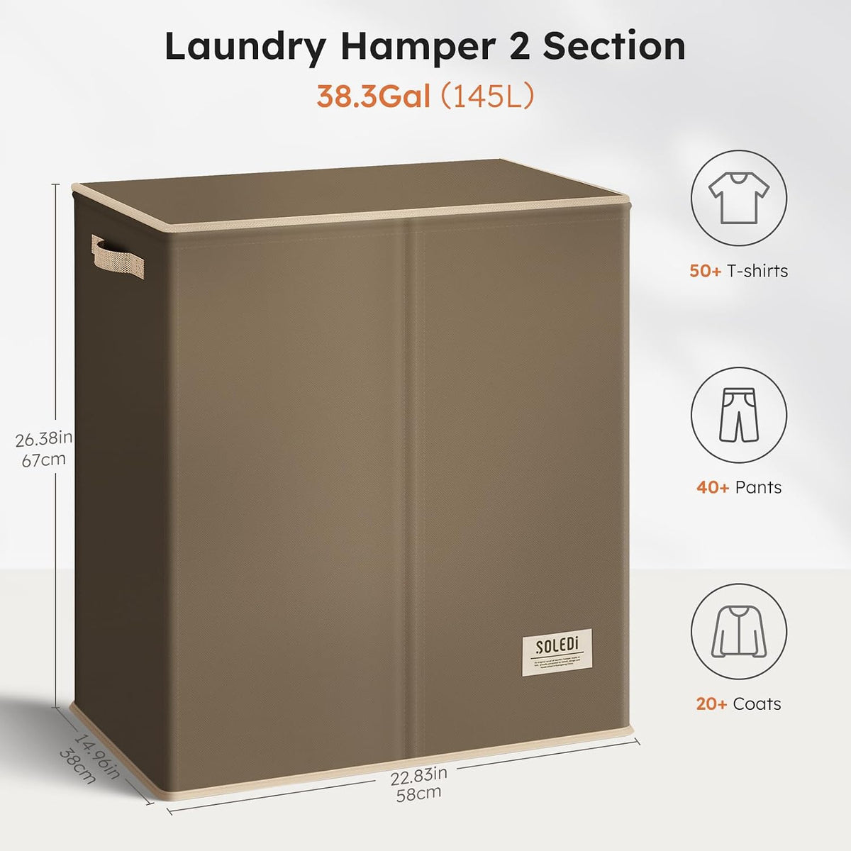 Luxury Double Laundry Hamper with Lid and Removable Bags, 38.3 Gal Large Laundry Bin, Laundry Basket 2 Sections, Collapsible Clothes Hamper for Bedroom, Laundry Room, Bathroom, Off-white