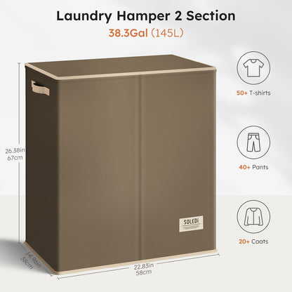 Luxury Double Laundry Hamper with Lid and Removable Bags, 38.3 Gal Large Laundry Bin, Laundry Basket 2 Sections, Collapsible Clothes Hamper for Bedroom, Laundry Room, Bathroom, Off-white