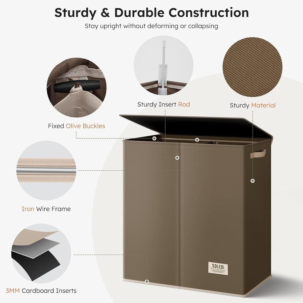 Luxury Double Laundry Hamper with Lid and Removable Bags, 38.3 Gal Large Laundry Bin, Laundry Basket 2 Sections, Collapsible Clothes Hamper for Bedroom, Laundry Room, Bathroom, Off-white