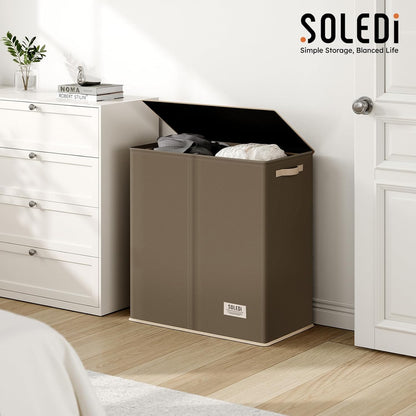 Luxury Double Laundry Hamper with Lid and Removable Bags, 38.3 Gal Large Laundry Bin, Laundry Basket 2 Sections, Collapsible Clothes Hamper for Bedroom, Laundry Room, Bathroom, Off-white