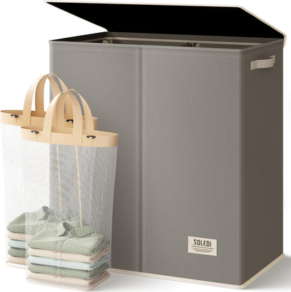 Luxury Double Laundry Hamper with Lid and Removable Bags, 38.3 Gal Large Laundry Bin, Laundry Basket 2 Sections, Collapsible Clothes Hamper for Bedroom, Laundry Room, Bathroom, Off-white