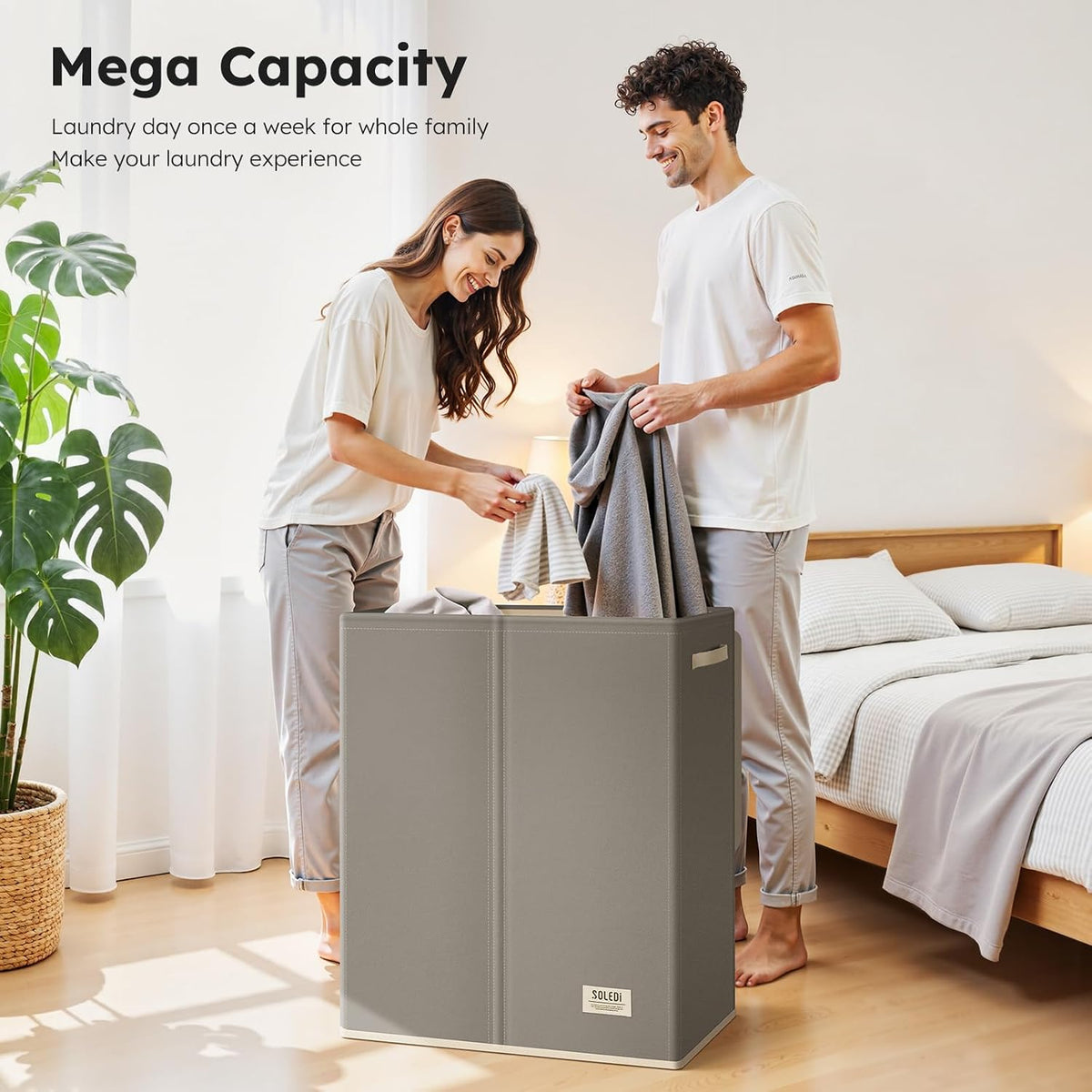 Luxury Double Laundry Hamper with Lid and Removable Bags, 38.3 Gal Large Laundry Bin, Laundry Basket 2 Sections, Collapsible Clothes Hamper for Bedroom, Laundry Room, Bathroom, Off-white
