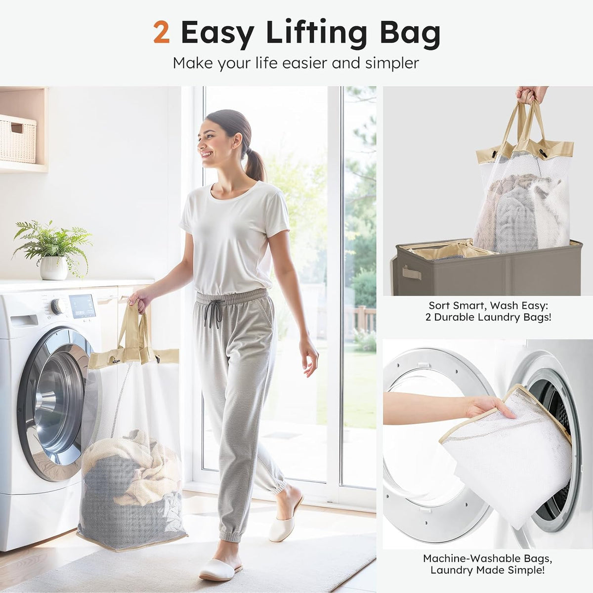 Luxury Double Laundry Hamper with Lid and Removable Bags, 38.3 Gal Large Laundry Bin, Laundry Basket 2 Sections, Collapsible Clothes Hamper for Bedroom, Laundry Room, Bathroom, Off-white
