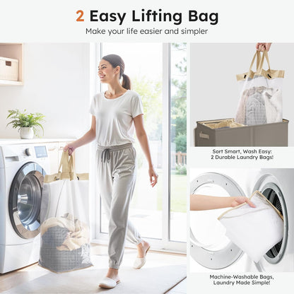 Luxury Double Laundry Hamper with Lid and Removable Bags, 38.3 Gal Large Laundry Bin, Laundry Basket 2 Sections, Collapsible Clothes Hamper for Bedroom, Laundry Room, Bathroom, Off-white