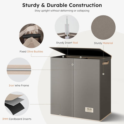 Luxury Double Laundry Hamper with Lid and Removable Bags, 38.3 Gal Large Laundry Bin, Laundry Basket 2 Sections, Collapsible Clothes Hamper for Bedroom, Laundry Room, Bathroom, Off-white