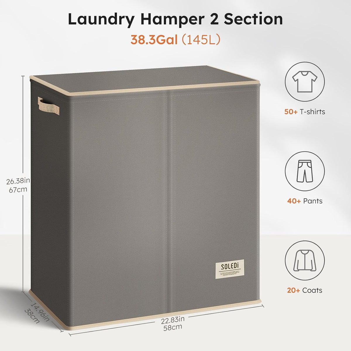 Luxury Double Laundry Hamper with Lid and Removable Bags, 38.3 Gal Large Laundry Bin, Laundry Basket 2 Sections, Collapsible Clothes Hamper for Bedroom, Laundry Room, Bathroom, Off-white