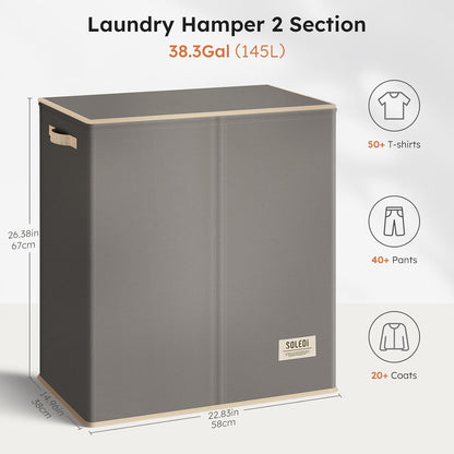 Luxury Double Laundry Hamper with Lid and Removable Bags, 38.3 Gal Large Laundry Bin, Laundry Basket 2 Sections, Collapsible Clothes Hamper for Bedroom, Laundry Room, Bathroom, Off-white