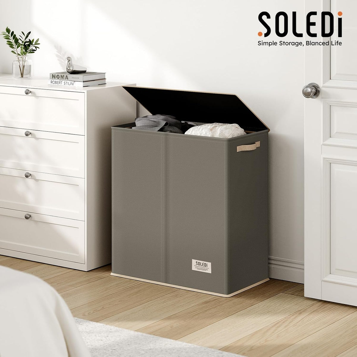 Luxury Double Laundry Hamper with Lid and Removable Bags, 38.3 Gal Large Laundry Bin, Laundry Basket 2 Sections, Collapsible Clothes Hamper for Bedroom, Laundry Room, Bathroom, Off-white
