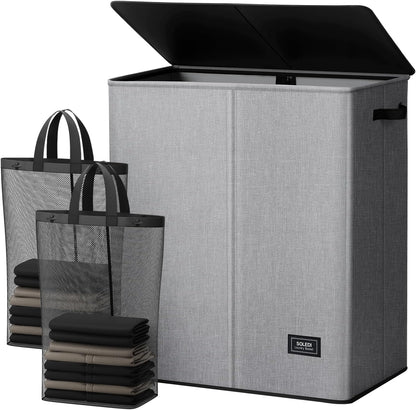 Luxury Double Laundry Hamper with Lid and Removable Bags, 38.3 Gal Large Laundry Bin, Laundry Basket 2 Sections, Collapsible Clothes Hamper for Bedroom, Laundry Room, Bathroom, Off-white