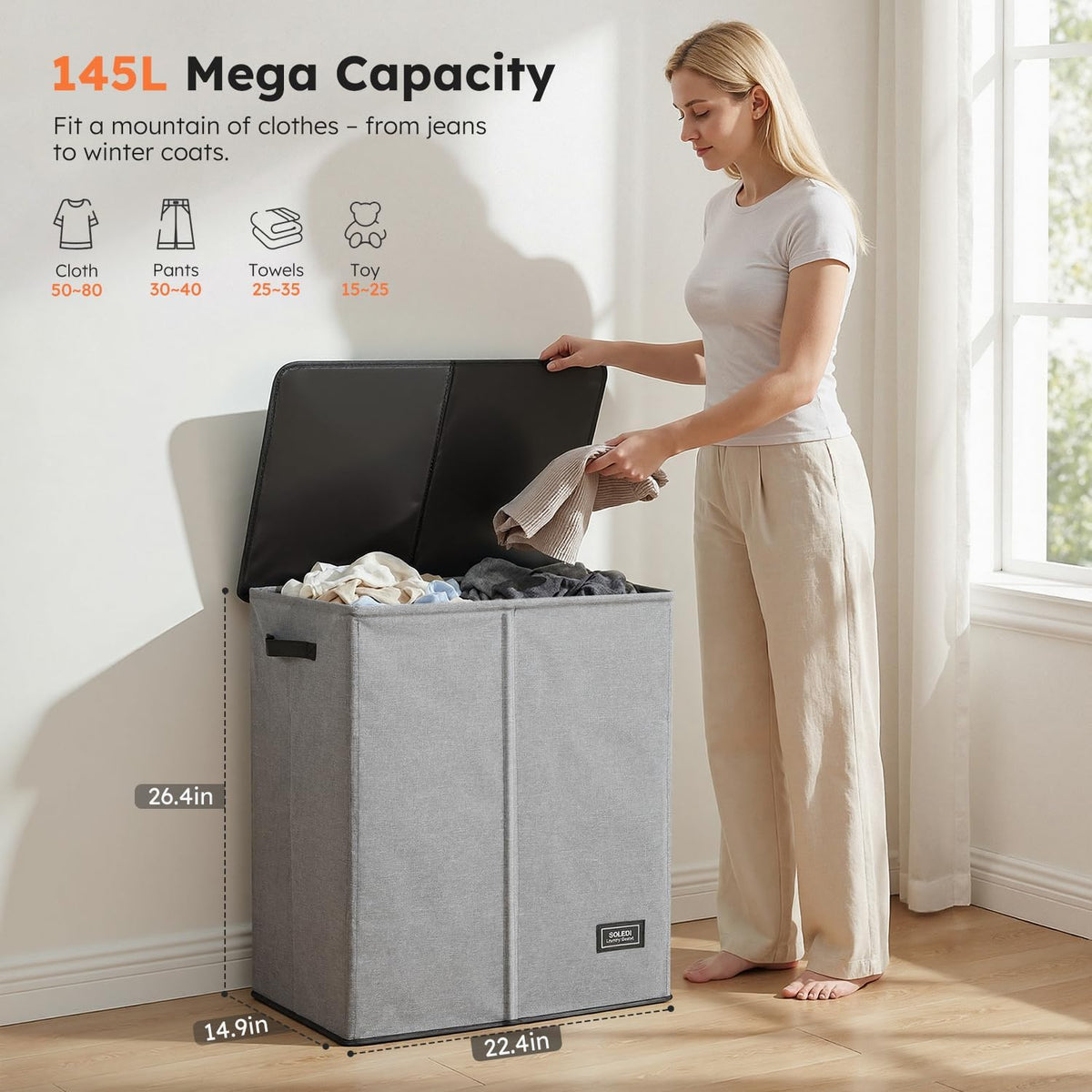 Luxury Double Laundry Hamper with Lid and Removable Bags, 38.3 Gal Large Laundry Bin, Laundry Basket 2 Sections, Collapsible Clothes Hamper for Bedroom, Laundry Room, Bathroom, Off-white