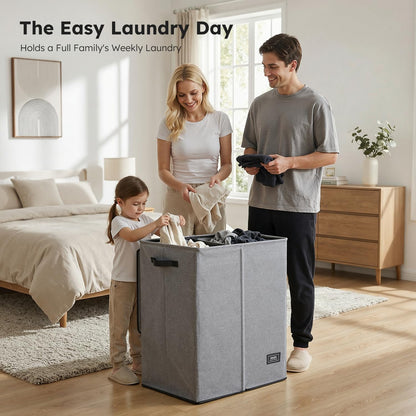 Luxury Double Laundry Hamper with Lid and Removable Bags, 38.3 Gal Large Laundry Bin, Laundry Basket 2 Sections, Collapsible Clothes Hamper for Bedroom, Laundry Room, Bathroom, Off-white