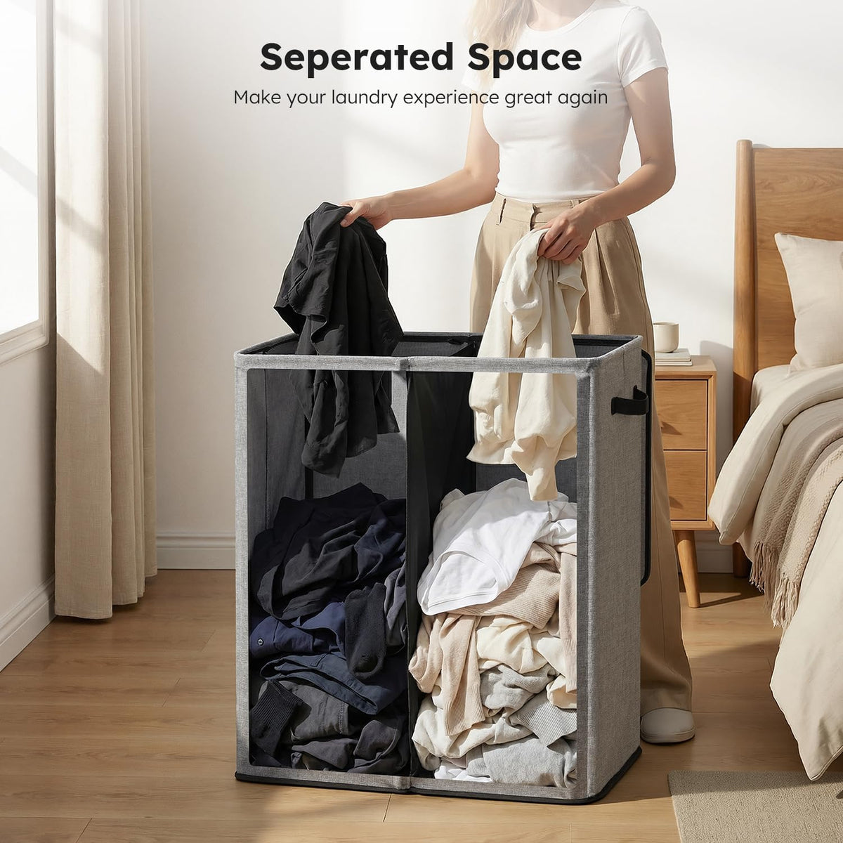 Luxury Double Laundry Hamper with Lid and Removable Bags, 38.3 Gal Large Laundry Bin, Laundry Basket 2 Sections, Collapsible Clothes Hamper for Bedroom, Laundry Room, Bathroom, Off-white