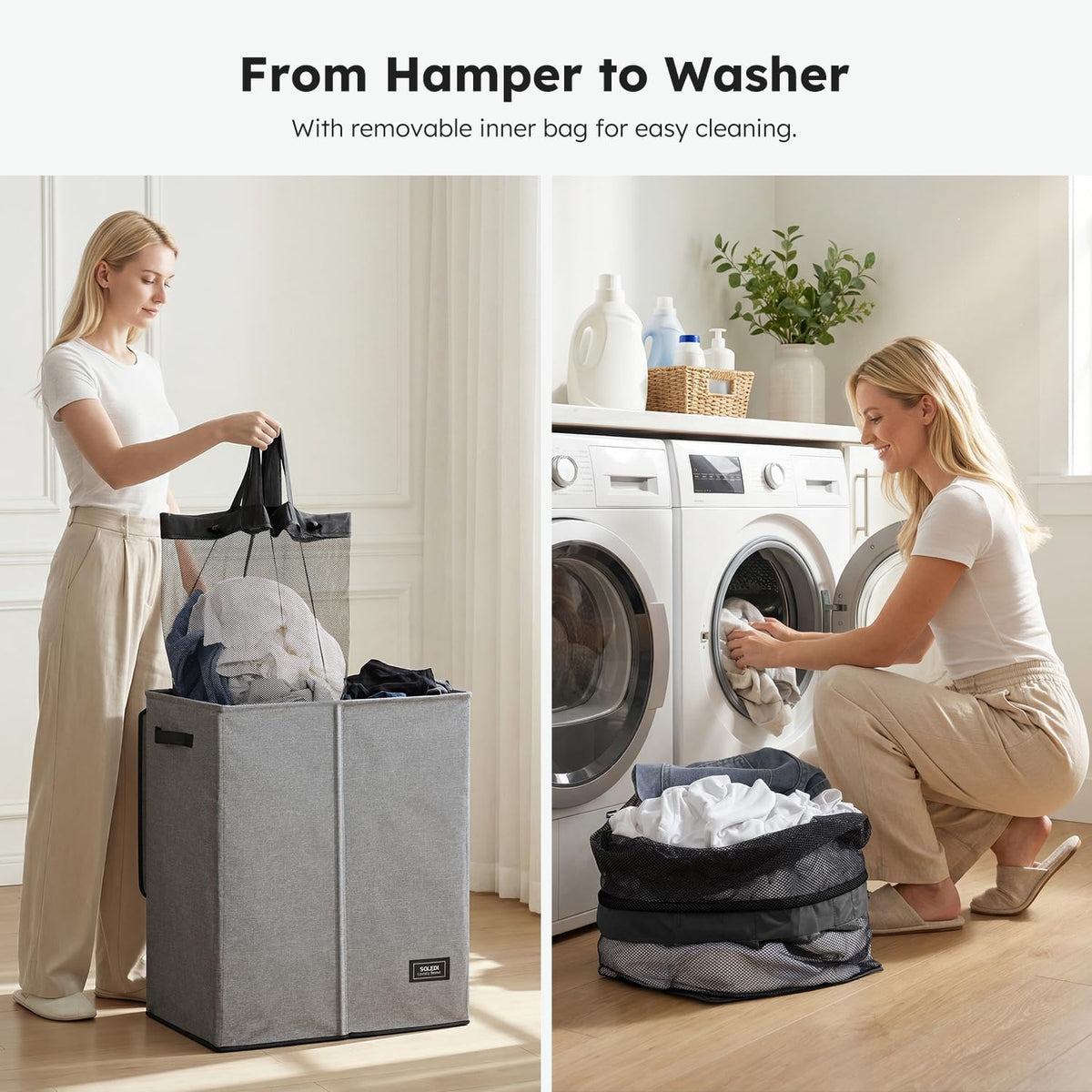 Luxury Double Laundry Hamper with Lid and Removable Bags, 38.3 Gal Large Laundry Bin, Laundry Basket 2 Sections, Collapsible Clothes Hamper for Bedroom, Laundry Room, Bathroom, Off-white