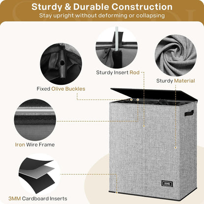 Luxury Double Laundry Hamper with Lid and Removable Bags, 38.3 Gal Large Laundry Bin, Laundry Basket 2 Sections, Collapsible Clothes Hamper for Bedroom, Laundry Room, Bathroom, Off-white