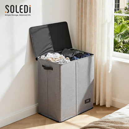 Luxury Double Laundry Hamper with Lid and Removable Bags, 38.3 Gal Large Laundry Bin, Laundry Basket 2 Sections, Collapsible Clothes Hamper for Bedroom, Laundry Room, Bathroom, Off-white