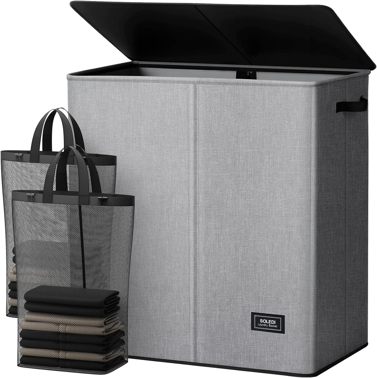 Luxury Double Laundry Hamper with Lid and Removable Bags, 38.3 Gal Large Laundry Bin, Laundry Basket 2 Sections, Collapsible Clothes Hamper for Bedroom, Laundry Room, Bathroom, Off-white