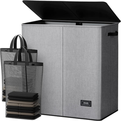 Luxury Double Laundry Hamper with Lid and Removable Bags, 38.3 Gal Large Laundry Bin, Laundry Basket 2 Sections, Collapsible Clothes Hamper for Bedroom, Laundry Room, Bathroom, Off-white