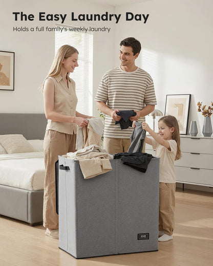 Luxury Double Laundry Hamper with Lid and Removable Bags, 38.3 Gal Large Laundry Bin, Laundry Basket 2 Sections, Collapsible Clothes Hamper for Bedroom, Laundry Room, Bathroom, Off-white