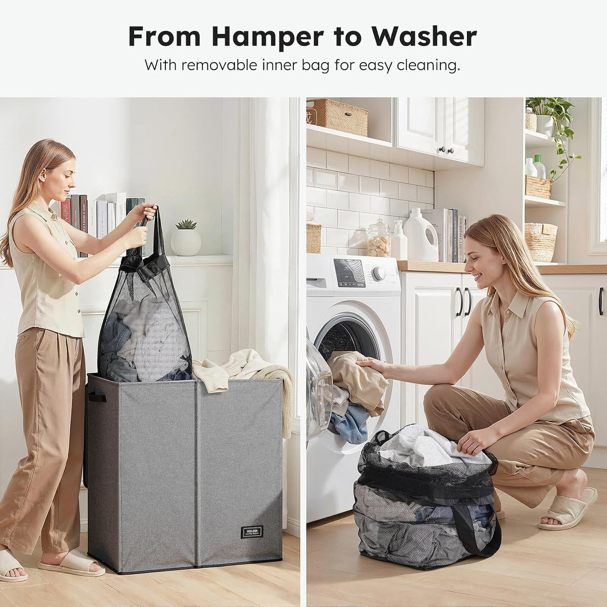Luxury Double Laundry Hamper with Lid and Removable Bags, 38.3 Gal Large Laundry Bin, Laundry Basket 2 Sections, Collapsible Clothes Hamper for Bedroom, Laundry Room, Bathroom, Off-white
