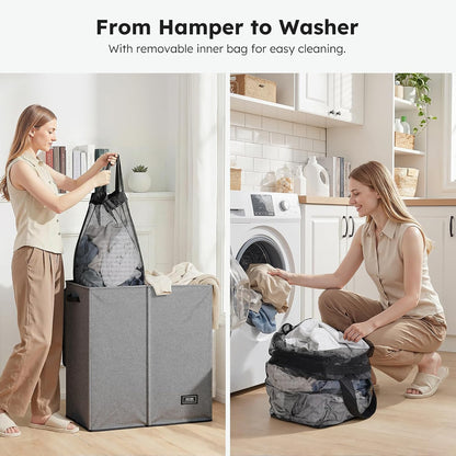Luxury Double Laundry Hamper with Lid and Removable Bags, 38.3 Gal Large Laundry Bin, Laundry Basket 2 Sections, Collapsible Clothes Hamper for Bedroom, Laundry Room, Bathroom, Off-white